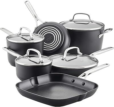 Batterie de cuisine et poêles antiadhésives anodisées dures kitchenaid, lot de 10, noir