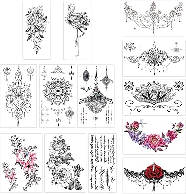 13 feuilles de tatouages ​​temporaires pour filles et femmes adultes, faux tatouage festif