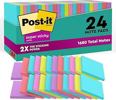 Notes super autocollantes post-it, 3 x 3 pouces, 24 blocs, double bâton, supernova