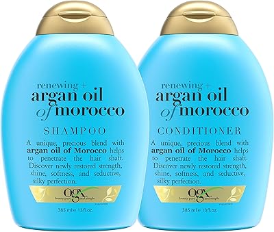 Shampooing et après-shampooing rajeunissant à l'huile d'argan marocaine ogx, 385 ml, paquet