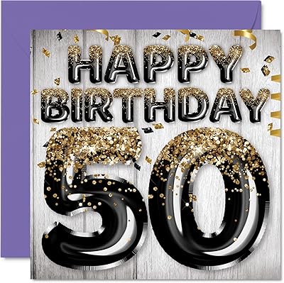 Carte d'anniversaire 50 ans pour homme – ballons à paillettes noires et dorées