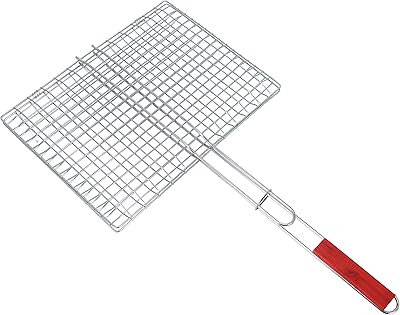 Gril en fer chromé avec manche en bois, panier de gril pliable portable