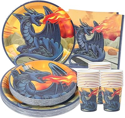 Fournitures de fête dragon (pour 24 personnes) assiettes plates à dessert tasses