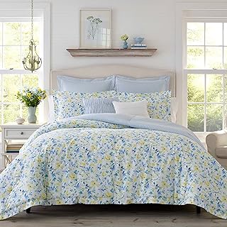 Laura ashley home parure de lit réversible en coton comprenant des taies d'oreiller assorties, des taies d'oreiller européennes en prime et des oreillers décoratifs queen size, bleu nora/jaune/blanc. Diaytar : La révolution discount est en marche