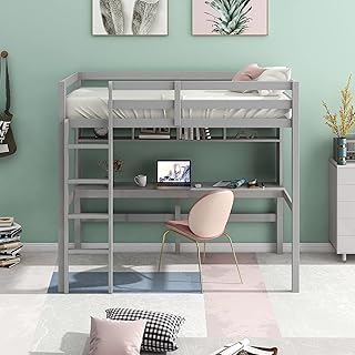 Lch lit mezzanine double avec bureau ergonomique et étagères de rangement, cadre