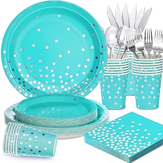 175 pièces de fournitures de fête bleu sarcelle et argent assiettes et serviettes