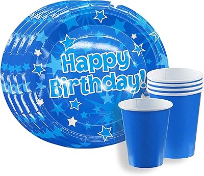 Party time - 12 pièces de gobelets en papier bleus à imprimé sur le thème joyeux anniversaire et étoiles de 9" et 10 oz. parfaits pour toutes sortes d'occasions. Diaytar : L'e-commerce généraliste qui met le discount à l'honneur