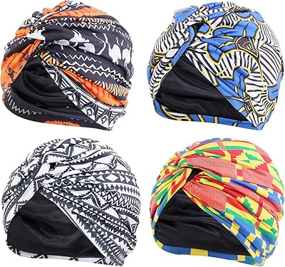 4 pièces turban en soie africaine pré-noué turban en satin de soie antidérapant