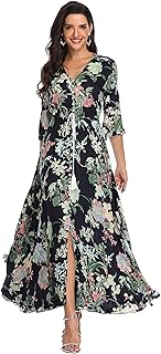 Robe longue longue à imprimé floral pour femme avec boutons sur le devant