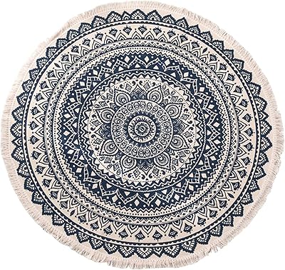 Tapis rond en lin et coton fait main avec motif à franges bohème, adapté pour le yoga, le canapé, le salon, la chambre à coucher, la salle de bain, la décoration intérieure diamètre 90 cm. Diaytar : Vivez l'expérience du shopping malin