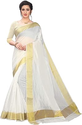 Sari uni en coton mélangé kerala kasavu pour femme avec bordure