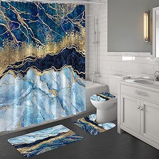 Ensemble de rideaux de salle de bain en marbre noir avec tapis