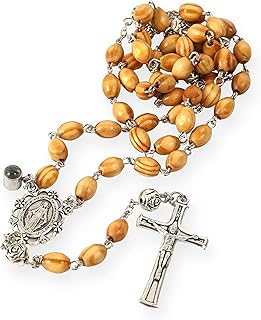 Nazareth store collier chapelet catholique en bois d'olivier pendentif en métal perles saintes