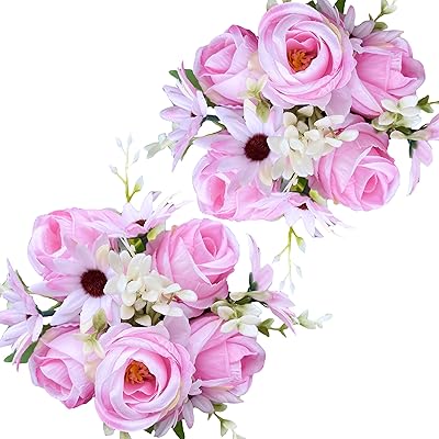 Bouquet de fleurs artificielles, 2 bouquets de roses avec marguerites et feuilles, fleurs en tissu de soie plastique pour décorations de fête de mariage, centres de table de festival à domicile et accessoires photo (rose). Diaytar Sénégal : L'e-commerce qui vous ressemble