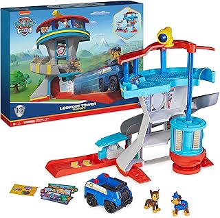 Ensemble de jeu paw patrol lookout tower avec lanceur de voiture, deux figurines