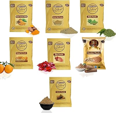 Magasin de qualité en ligne un ensemble de poudre de multani mitti 50 grammes, avec de la poudre de curcuma kasturi 50 grammes, de la poudre d'orange 50 grammes, de la poudre de neem 50 grammes, de la poudre de chandan 50 grammes, de la poudre de rose 50 grammes et de la poudre de réglisse 50 grammes. Diaytar : L'e-commerce généraliste qui met le discount à l'honneur