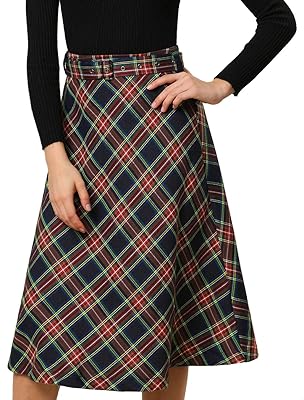 Jupe mi-longue classique trapèze à carreaux taille haute avec ceinture pour femme