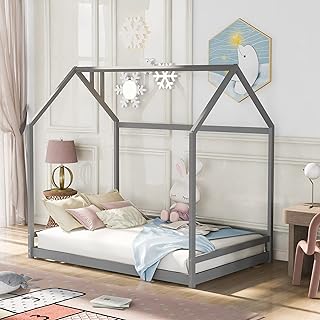 Lit en bois mirax, cadre de lit en bois avec toit pour enfants