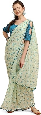 Sari georgette à imprimé floral womaninista pour femme de couleur verte, taille unique