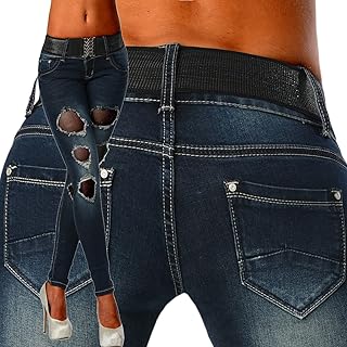 Jean skinny déchiré en maille vieilli pour femme taille basse avec ceinture bleue