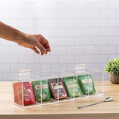 My gift boîte de rangement moderne et transparente pour sachets de thé en acrylique de luxe avec 5 compartiments et couvercle à charnière, bac de rangement sur comptoir de cuisine pour assortiment de thés et épices. Diaytar Sénégal : Innovation, diversité et accessibilité
