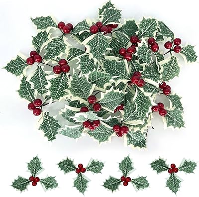 Feuilles vertes de baies de houx, 24 fleurs de baies rouges artificielles