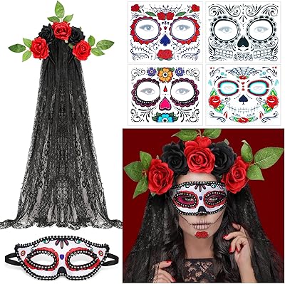 Wellbond jour des morts accessoires ensemble 6pcs fleur bandeau foulard masque