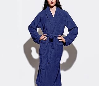 Peignoir en tissu éponge en coton avec poches, pleine taille, bleu