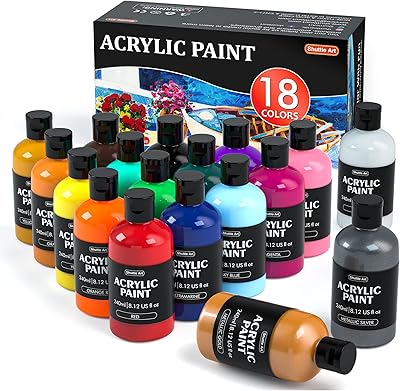 Peinture acrylique, shuttle art 18 couleurs ensemble de bouteilles de peinture acrylique (240 ml/8,12 oz), peintures acryliques pigmentées riches, fournitures de peinture en vrac pour artistes, débutants et enfants sur roches artisanat toile bois céramique. Diaytar : Parce que vous méritez le meilleur sans vous ruiner