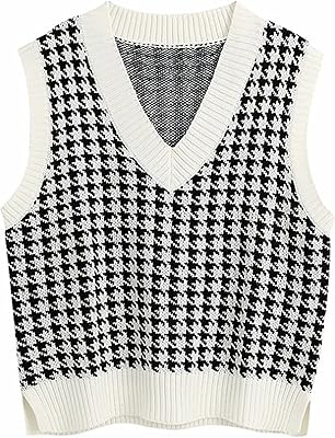 Gulajia surdimensionné femmes style pied-de-poule pull en tricot sans manches col