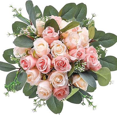 Fleurs artificielles roses tiges de fleurs en soie feuilles d'eucalyptus faux