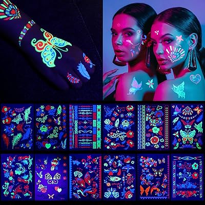 12 feuilles de tatouages ​​temporaires, grand tatouage phosphorescent, maquillage temporaire néon, accessoire
