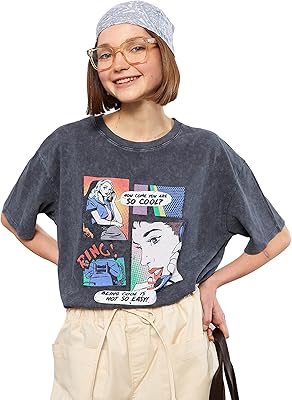 T-shirt femme en coton à manches courtes et col rond avec col imprimé
