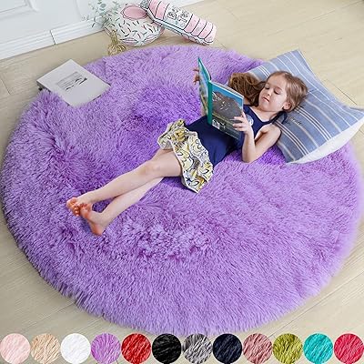 Tapis rond violet pour chambre à coucher, tapis rond moelleux 4'x4' pour chambre