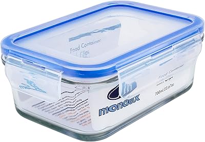 Récipient alimentaire rectangulaire en verre mondex avec couvercle bleu, capacité 700 ml