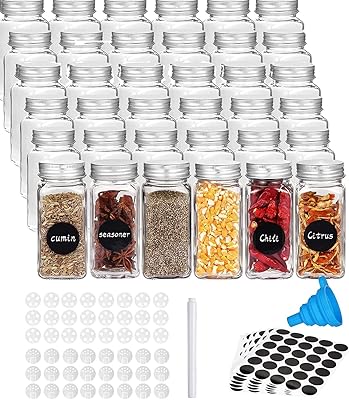 Ensemble de 36 pots à épices en verre valeux avec 40