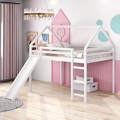 Lit mezzanine pleine grandeur ifidi avec toboggan, lit en bois pour enfants, filles