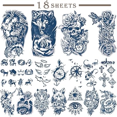18 feuilles de tatouage semi-permanent réaliste pour hommes et femmes, squelette de loup