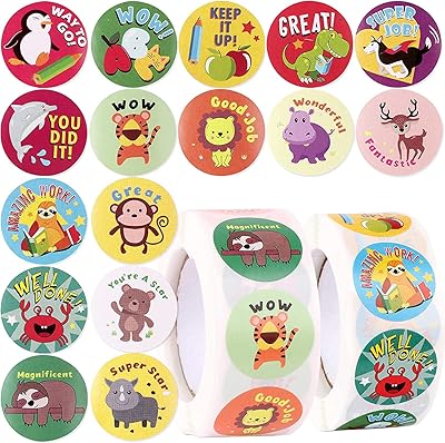 Alikdon 1000 pièces autocollants de récompense, rouleau d'animaux de dessin animé pour enfants