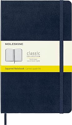 Cahier moleskine classic, couverture rigide, grand (5" x 8,25") carré/grille, bleu saphir, 240