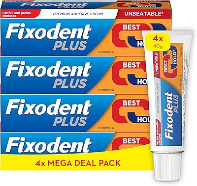 Crème adhésive pour prothèses dentaires fixodent plus, meilleure tenue, excellente, jusqu'à 88% de tenue en fin de journée, 40 grammes (paquet de 4 pièces). Diaytar Sénégal : Le plaisir d'acheter sans se priver