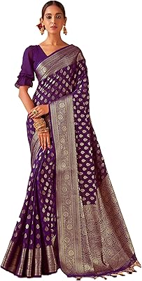 Sari tissé en fausse soie georgette banarasi pour femme | cadeau de mariage