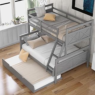 Lch lit superposé double, cadre de lit en bois massif avec barrière