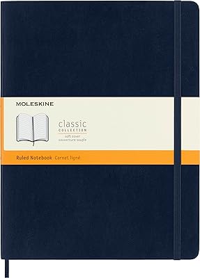 Cahier moleskine classic, couverture souple, xl (7,5" x 9,5"), ligné/ligné, bleu saphir, 192