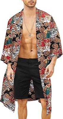 Peignoir kimono léger imprimé de style japonais pour hommes, peignoir décontracté ouvert sur le devant, cardigan long, vêtements d'extérieur. Diaytar : L'e-commerce accessible à tous les Sénégalais