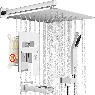 Système de douche à bec de baignoire sr sun rise, ensemble combiné avec pomme de douche à effet de pluie de 12 pouces et pomme de douche à main, système de pomme de douche à effet de pluie mural, chrome poli (contient un corps de valve brut et une garniture). Diaytar : La révolution discount est en marche