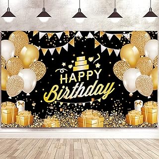 Bannière de toile de fond d'anniversaire, fournitures de fête d'anniversaire noires et dorées