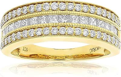 Alliance princesse et diamants ronds de 1 carat avec or jaune 14 carats millegrain. Diaytar : L'intelligence commerciale au service du client