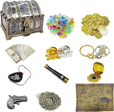 Coffre au trésor de pirate de 177 pièces pour enfants, ensemble de jouets de coffre au trésor de pirate verrouillable antique, boussole en plastique doré et carte de pirate, jouets de coffre au trésor de pirate pour halloween et fête de cosplay. Votre centre commercial virtuel au Sénégal : Diaytar