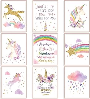 9 pièces d'art mural licorne arc-en-ciel, affiches aquarelles licorne et arc-en-ciel sans cadre